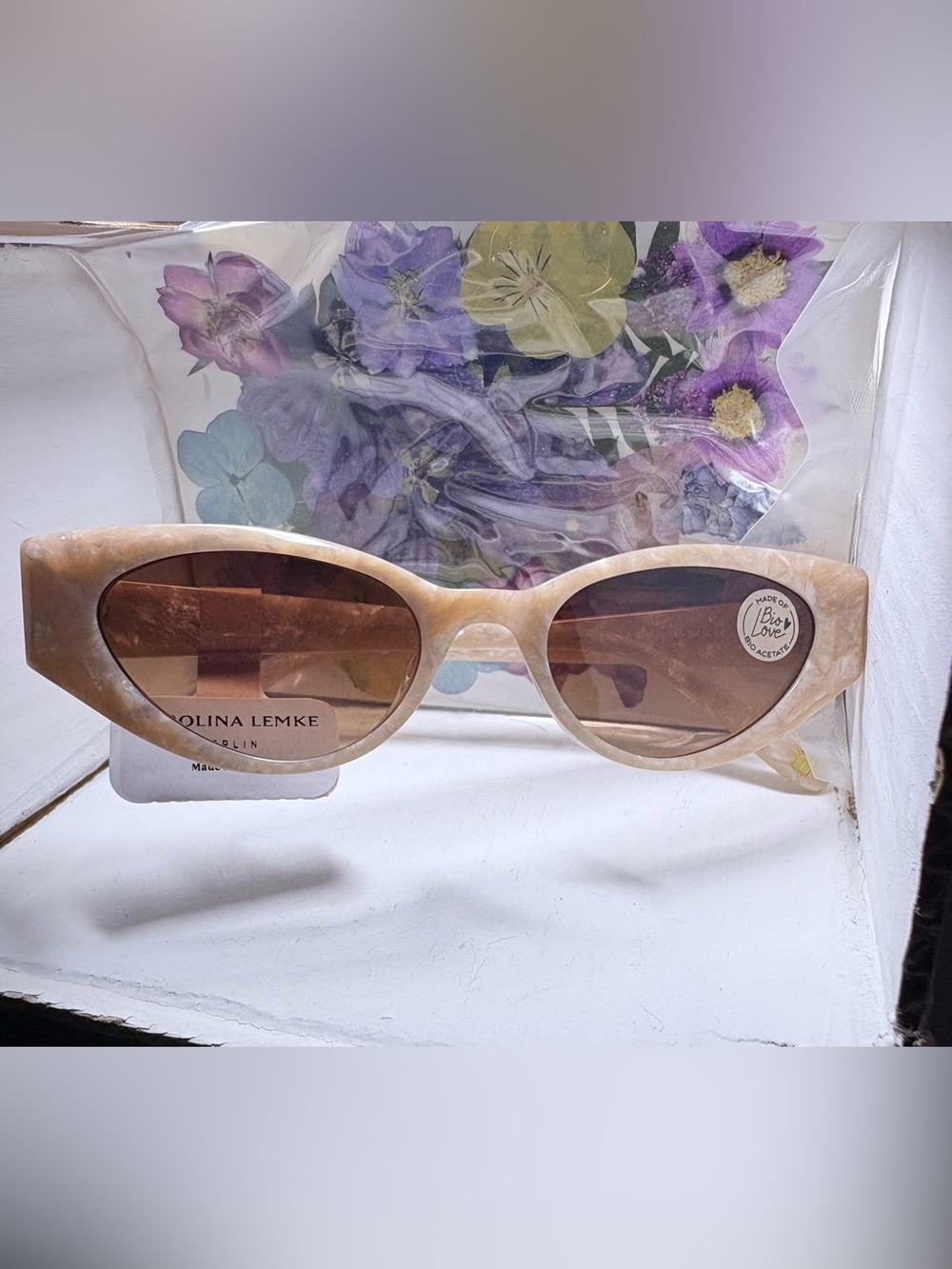 Carolina Lemke Beige Cat-Eye Sunglasses with Brown Lenses
